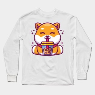 Cute shiba inu dog drinking boba milk tea cartoon Long Sleeve T-Shirt